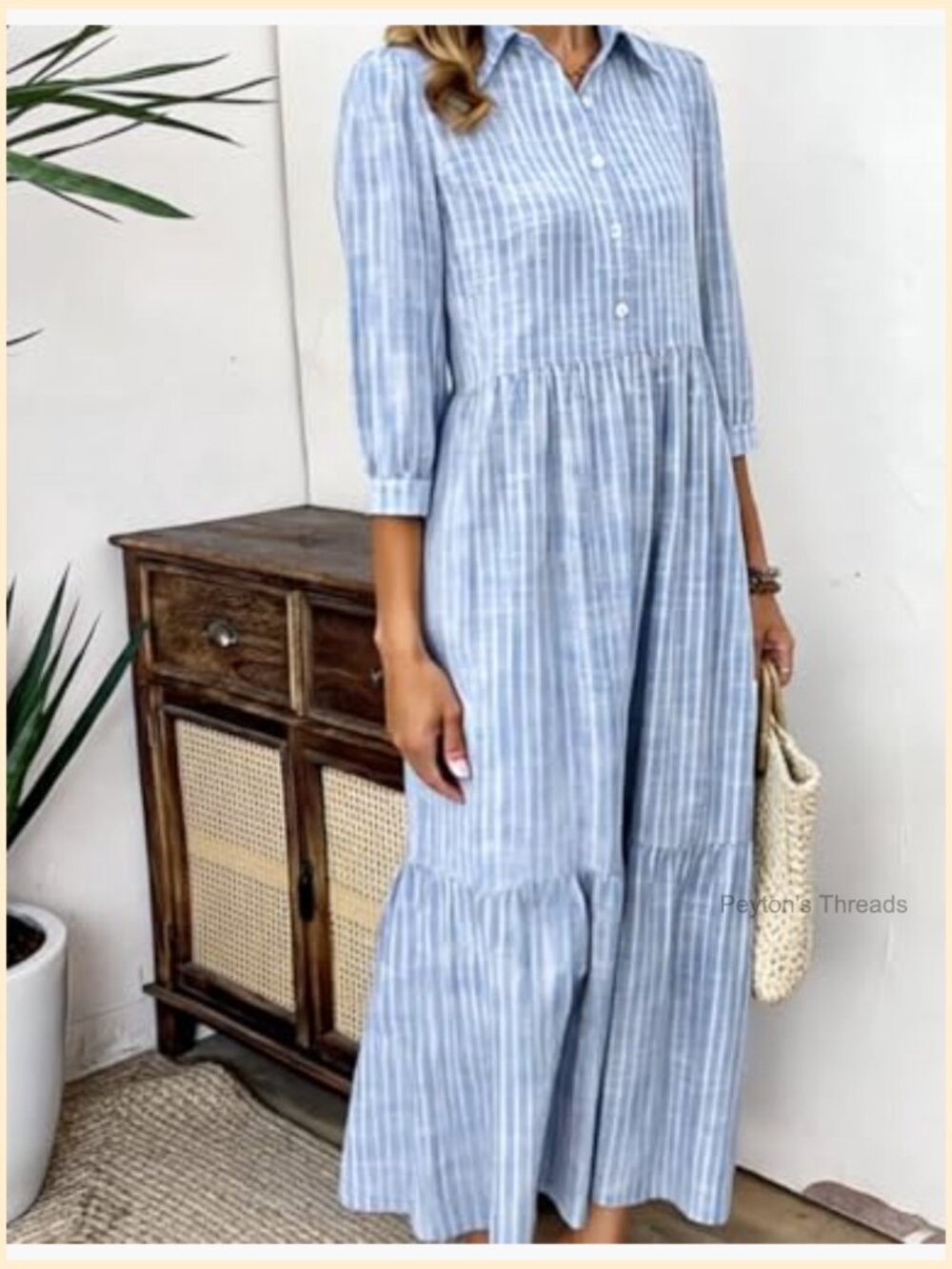 Striped Shirt Maxi Dress with Pockets 3/4 Sleeve V-Neck - Picture 2 of 7